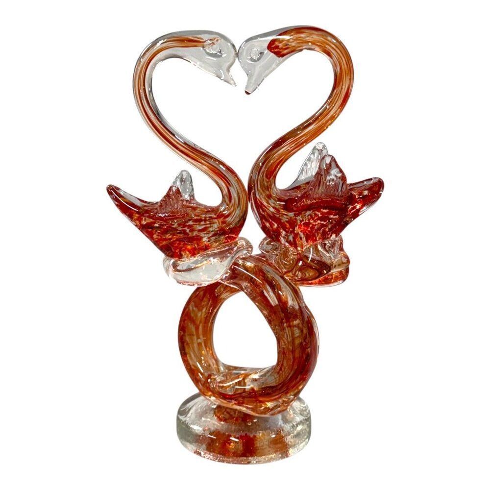 Handcrafted Blown Sculpted Glass Double Swan Figurine Orange 8" Paperweight VTG
